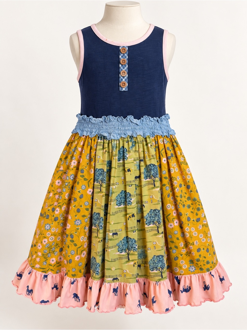 Matilda Jane Girls Size 8 Navy Farm Horse Floral Patchwork Dress